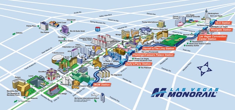 Mapa do percurso do trem Monorail em Las Vegas