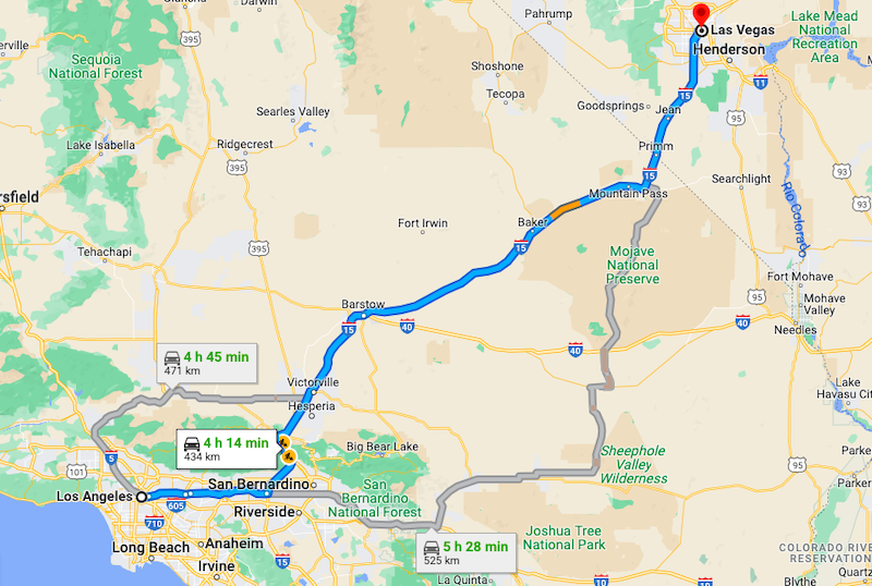 Mapa da viagem de carro de Los Angeles a Las Vegas