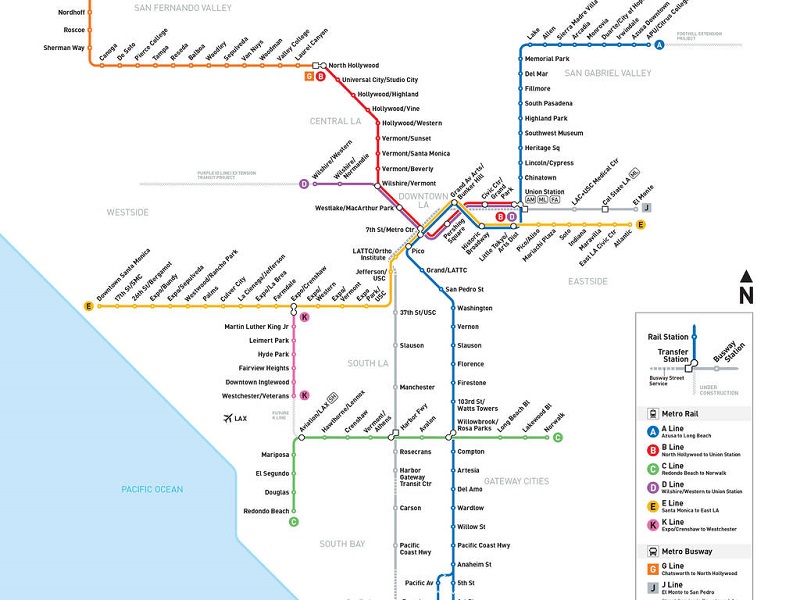 Mapa das linhas do metrô em Los Angeles