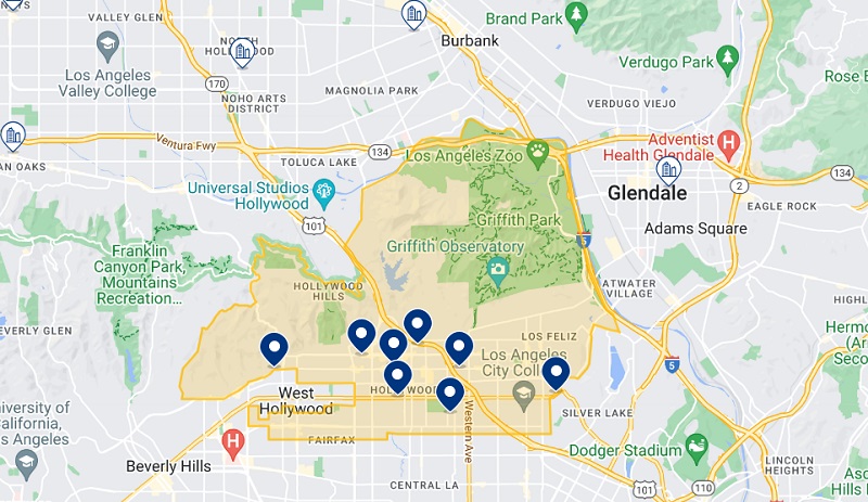 Mapa dos melhores hotéis da região de Hollywood em Los Angeles