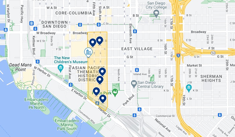 Mapa dos melhores hotéis no Gaslamp Quarter em San Diego