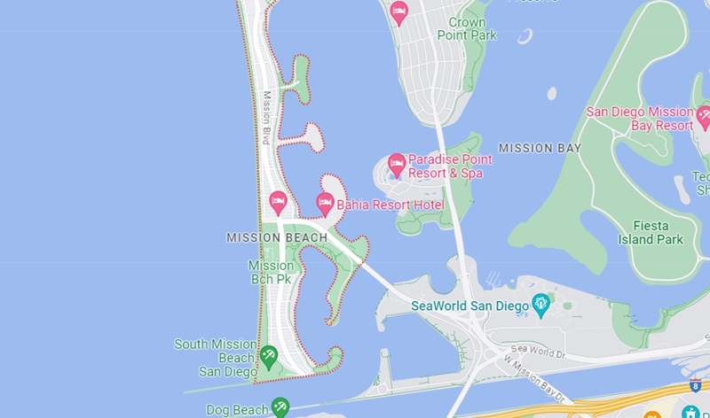 Mapa da praia Mission Beach em San Diego