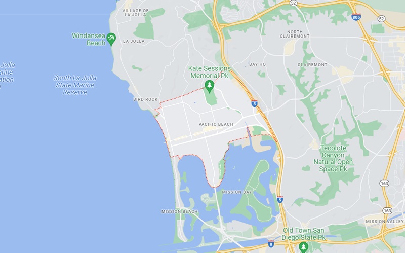 Mapa da praia Pacific Beach em San Diego